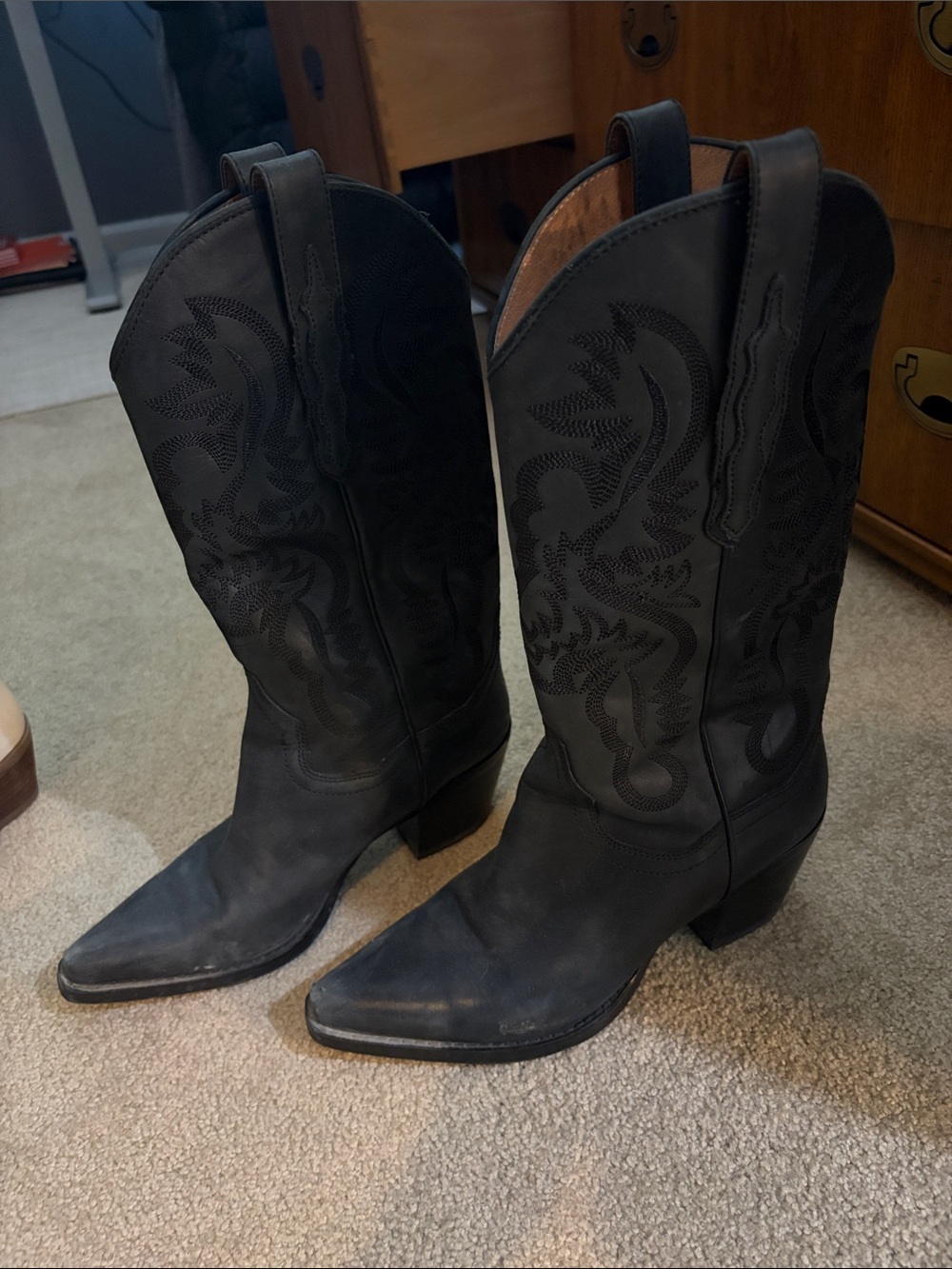 Jeffrey Campbell Black Embroidered Leather Western Boots